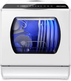 71Gv+iEHboL._AC_SL1500_ AIRMSEN Portable Countertop Dishwasher with 5-Liter Built-in Water Tank and Air-Dry Function, 5 Washing Programs Mini Dishwasher, AE-TDQR03