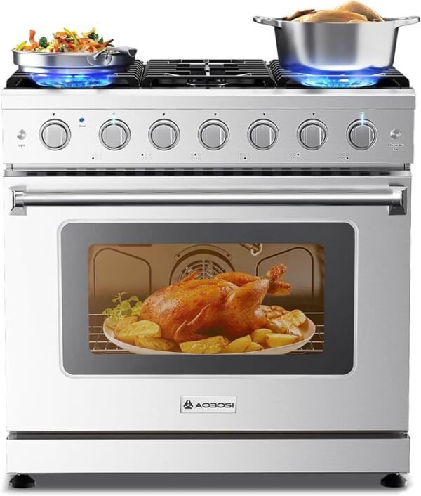 AAOBOSI 36 Inch Front Control Gas Range Oven with 6 Cooktop Burners, 6 Cu. Ft Convection Oven with Knobs Control, Heavy Duty Cast Iron Grates in Stainless Steel